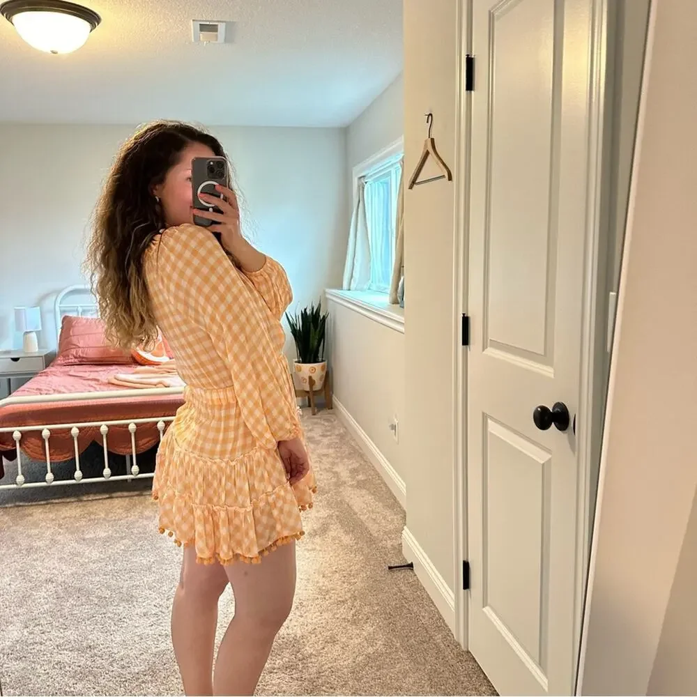 NWT Tuckernuck Playa Lucila Orange Plaid Mini Pom Pom Dress Small